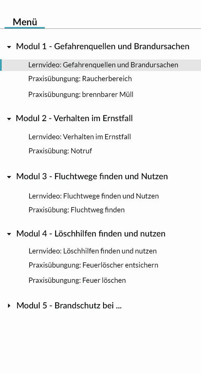 Menu Brandschutz Das Bild zeigt die Inhalte des Brandschutz E-Learnings.