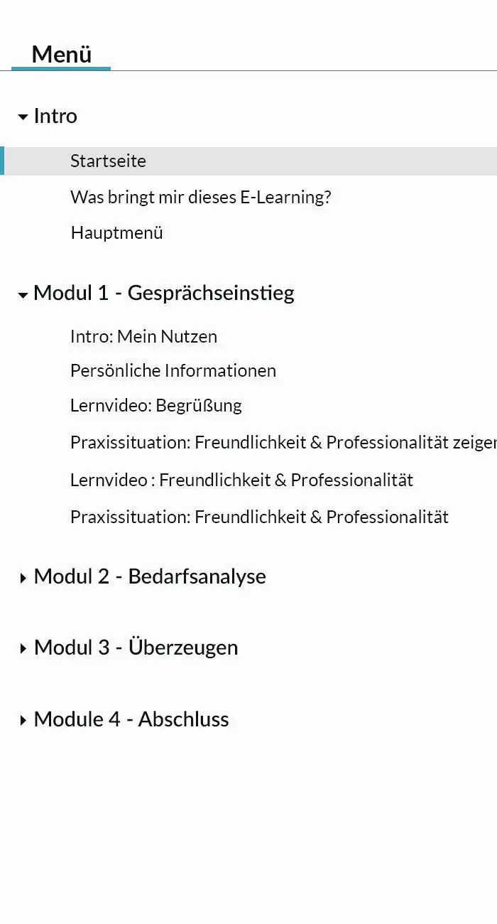 Das Bild zeigt die Inhalte des E-Learnings Beratung und Verkauf.