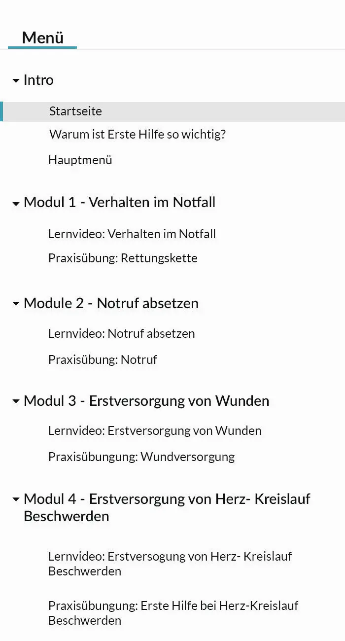 Menu Erste Hilfe Das Bild zeigt die Module und Inhalte des E-Learnings für Erste Hilfe.